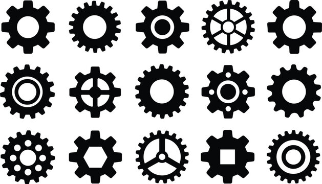 Professional set of 15 unique gear and cogwheel silhouette icons featuring industrial gears, engineering symbols, machine components, mechanical wheels, automation elements,