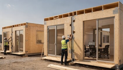 Fototapeta premium Medium shot of modular prefabricated wood office kits being assembled showcasing efficient panelized shell construction and modern workspace design for quick setups.