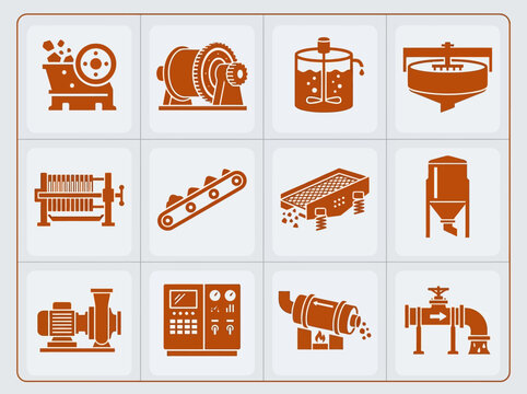 Premium flat vector icon set of 12 mining processing plant components: crusher, grinder mill, flotation tank, thickener, filter press, conveyor belt, screening machine, ore bin, slurry pump, control 