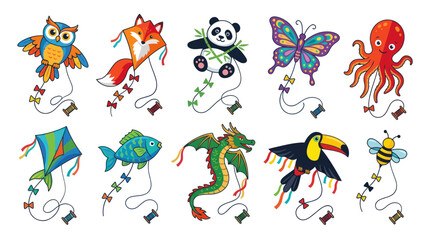 Obraz premium Cute animal and creature shaped kites set with string spools