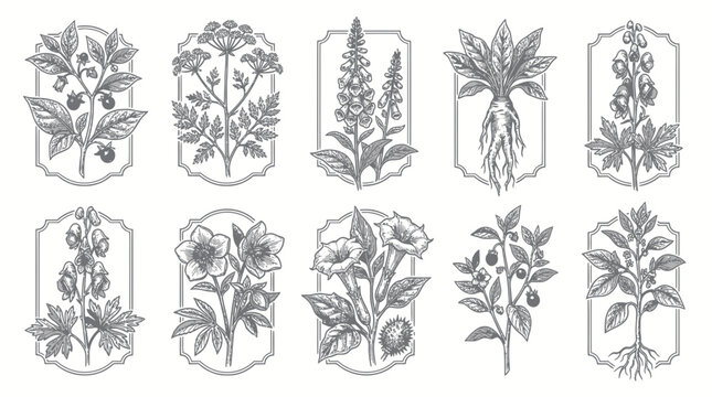 Vintage medicinal herbs and toxic plants botanical collection