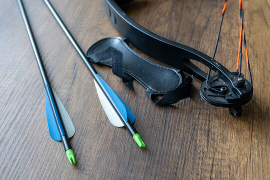 Close-up of compound bow and arrow