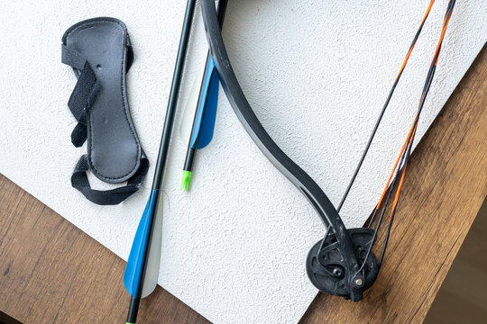 Close-up of compound bow and arrow