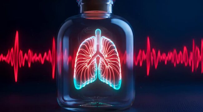 Glowing human lungs anatomical model inside a glass apothecary bottle with a vibrant red heartbeat e k g rhythm line background