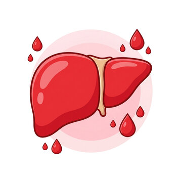 Human liver anatomy illustration with red blood drops, medical health concept of internal organ function, cartoon style liver icon for healthcare