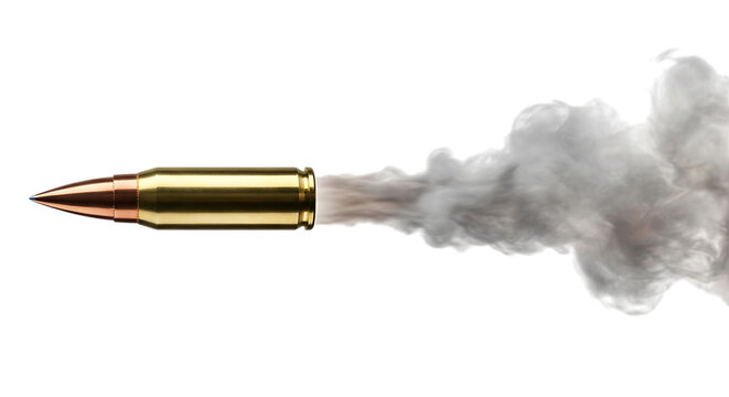 Single brass bullet casing flying through the air with a trail of white smoke behind it isolated on a dark background, for ballistics concept isolated on a transparent background