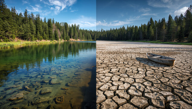 Split image showing a lush lake versus a parched, cracked earth landscape