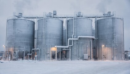 Obraz premium Medium shot of snowcovered bulk soda ash silos in a winter setting highlighting industrial resilience and coldweather operation at a storage plant.