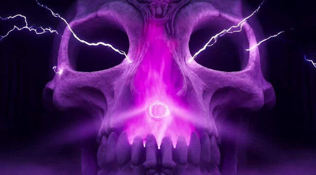 Mystical human skull with glowing purple energy eyes and ethereal magical smoke rising from jawline dark gothic fantasy