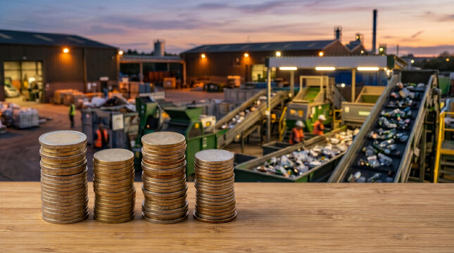 Stacks of coins on a wooden table in front of a recycling facility at sunset, representing the financial aspects of waste management
