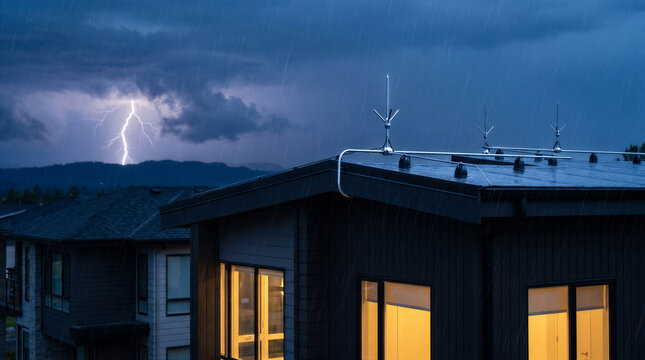 Lightning strike during a heavy thunderstorm over a modern residential house with lightning protection rods on the roof at night