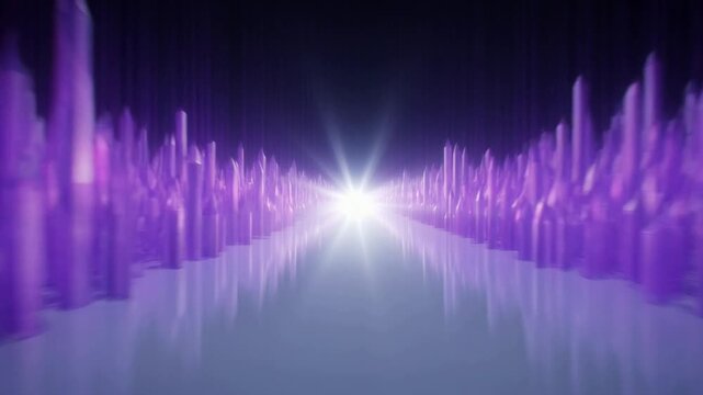 Abstract 3d animation featuring a glowing purple crystal cavern landscape with sharp geometric spires and a bright light
