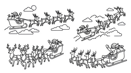 Santa Claus flying reindeer sleigh over clouds clipart set. © sabar