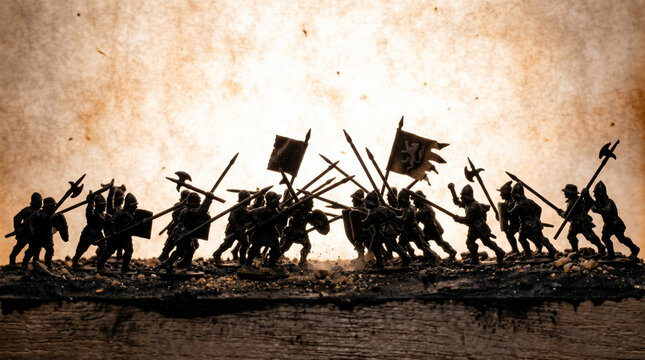 Medieval Battle Silhouette: A dramatic silhouette captures a fierce medieval battle with soldiers wielding swords, axes, and flags, conveying the intensity and chaos of ancient warfare.