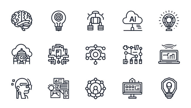 Artificial intelligence and cloud computing line icon set vector illustration featuring brain bulb network machine learning and futuristic tech symbols