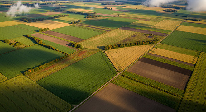 Aerial view of patchwork farmland fields with crop patterns 