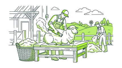 Farmers shearing wool from a sheep on a countryside farm © askew
