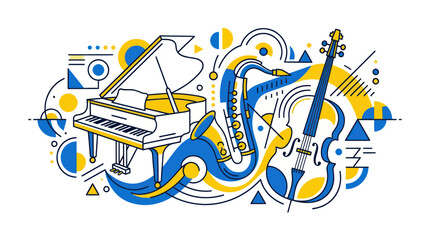 Abstract musical instruments with piano saxophone and cello © askew