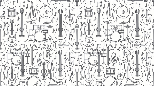 Musical instrument seamless pattern with guitar drums and saxophone
