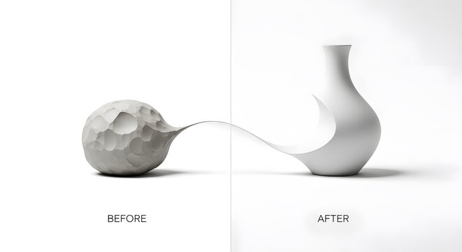 Clay-like sphere transforming into elegant white vase, 'before and after' comparison, symbolizing artistic creation, transformation and design evolution.
