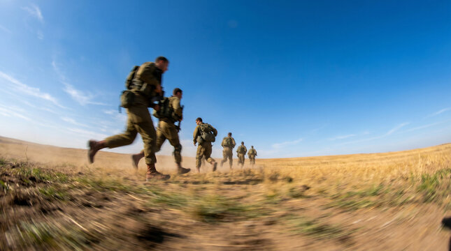 Military Training Exercise: A squad of soldiers in camouflage uniforms with backpacks run across a dry, grassy field under a clear blue sky, engaged in a rigorous training exercise.