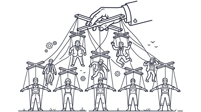 Group of professional workers being controlled like puppets by giant hand from above view.