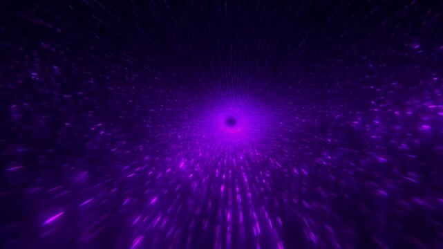 Abstract digital tunnel with glowing purple binary code particles streaming through a dark cyberspace environment representing