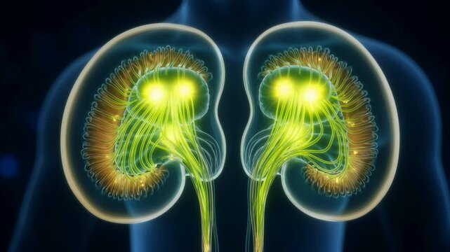 Human kidneys anatomy visualization featuring glowing neural pathways and biological filtration processes in a 3d medical