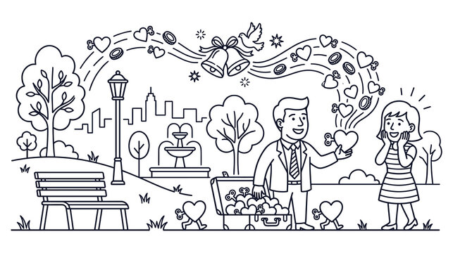 Romantic scene of man giving clockwork hearts to woman in city park outline vector style.
