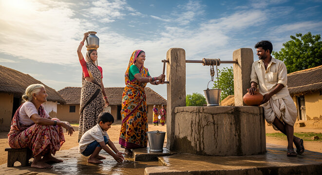 village women drawing water from traditional well 