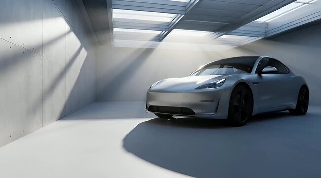 Modern electric sedan parked in a minimalist concrete garage with dramatic natural sunlight streaming through ceiling skylights