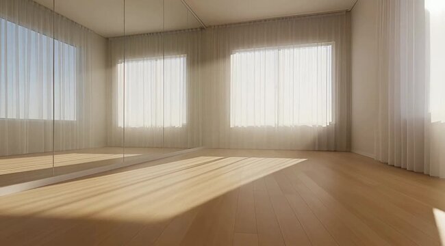 Empty bright dance studio with wooden floor and wall mirrors illuminated by soft natural sunlight streaming through sheer white