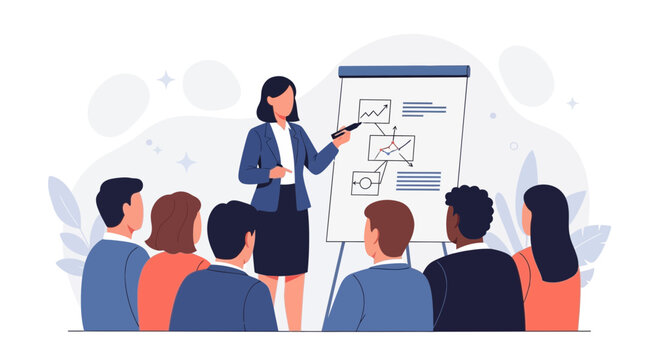 Businesswoman presenting a strategy diagram on a whiteboard to a diverse audience in a modern office meeting.