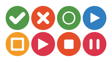 Fototapeta premium Round Button Icons Set: A vibrant collection of circular icons, including a checkmark, cross, play, pause, and record button. symbol collection, graphic interface, design element.