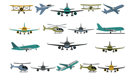 Set of aircrafts vector illustration, a collection of airplanes and helicopters in various views. © KALPANA AKTER