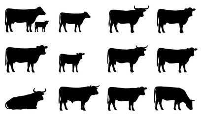 Diverse Cow and Cattle Silhouette Collection Isolated on White Vector Illustration © Rune Veil