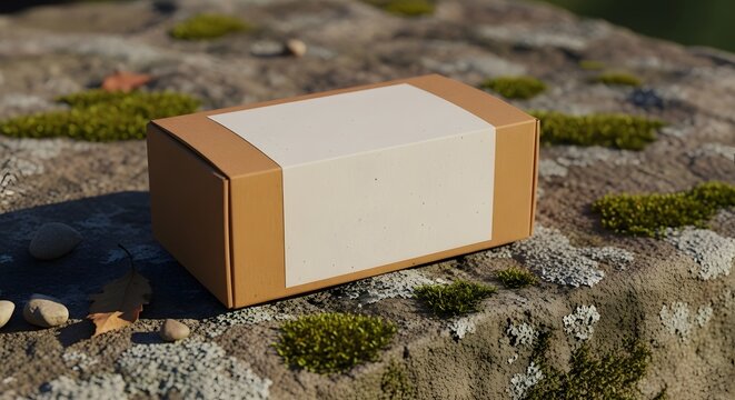 Rectangular brown cardboard box with minimalist cream colored paper strap for branding isolated on natural stone surface with forest green moss greenery.