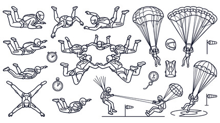 Skydiving and parachuting extreme sport collection with athletes in various gear poses. © md