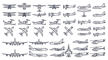 Aviation set featuring various airplanes and helicopters in flat outline vector design. © KALPANA AKTER