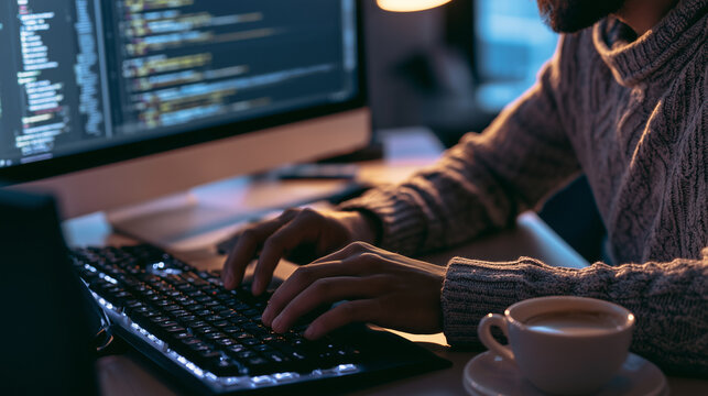 IT engineer typing code with coffee cup beside keyboard , one man working in the office, stressed work, code, typing code, one monitor with code, day code, photo style