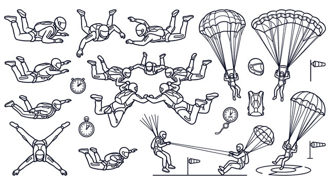 Skydiving and parachuting extreme sport collection with athletes in various gear poses.