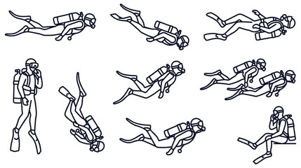 Obraz premium Scuba diver set with diving equipment, various underwater and standing poses.
