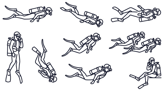 Scuba diver set with diving equipment, various underwater and standing poses.