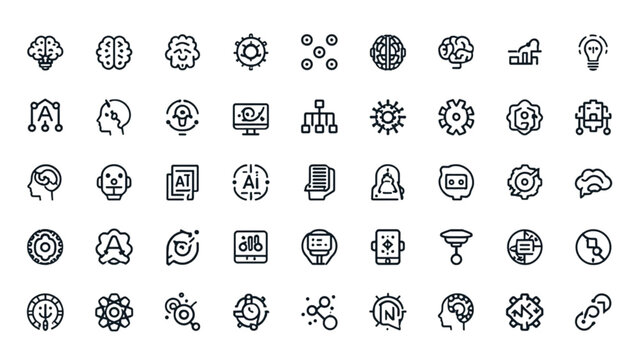Artificial intelligence big data line icon set featuring human brain machine learning deep neural networks smart technology system vectors.