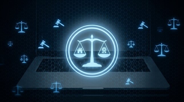 Glowing neon justice scales with house and ribbon symbols surrounded by gavel icons on a digital hexagonal pattern overlaying a laptop legal law court online technology concept