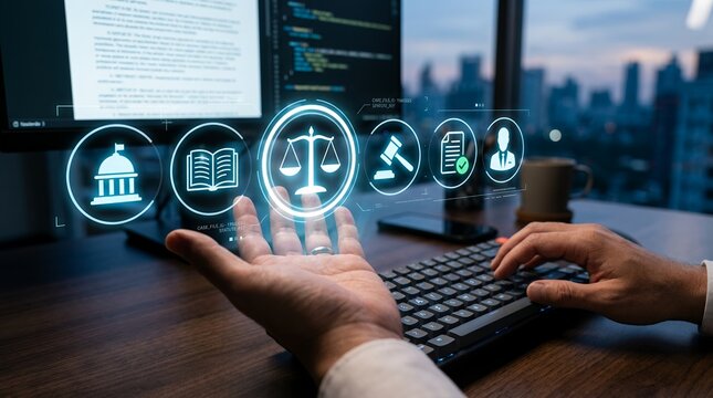 Hands hovering over glowing digital icons of a courthouse book scales of justice gavel document and person in suit against a cityscape backdrop law legal technology man businessman