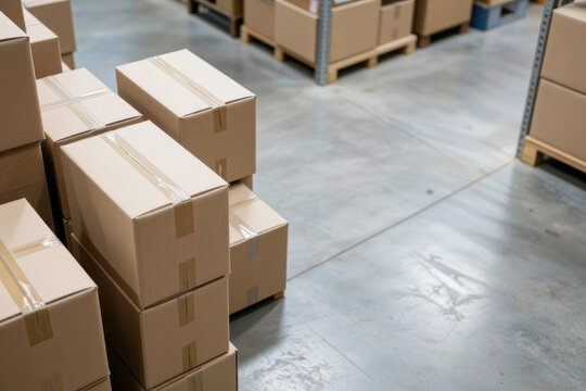 Tilt shift warehouse cardboard box shipping storage logistics delivery distribution parcel freight commerce warehouse storage aisle with cardboard box stack and pallet ready for shipping logistics