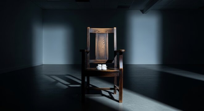 Small white baby shoe on antique wooden chair in dark room with spotlight. Concept of childhood, anticipation of new life, pregnancy announcement, parenthood, family and minimalism.