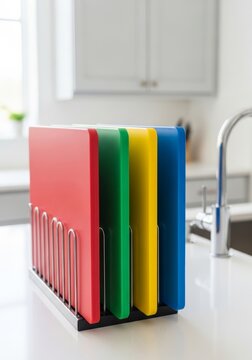 Set of colorful plastic cutting boards in metal stand on kitchen counter. Cooking accessory for food preparation. Professional equipment for home chef to prevent cross contamination.
