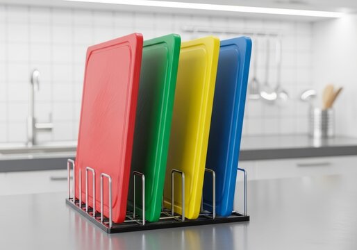 Colorful plastic cutting boards in metal stand on kitchen counter. Set of professional utensil for food preparation and hygiene. Chef tool for home and restaurant cooking organization.